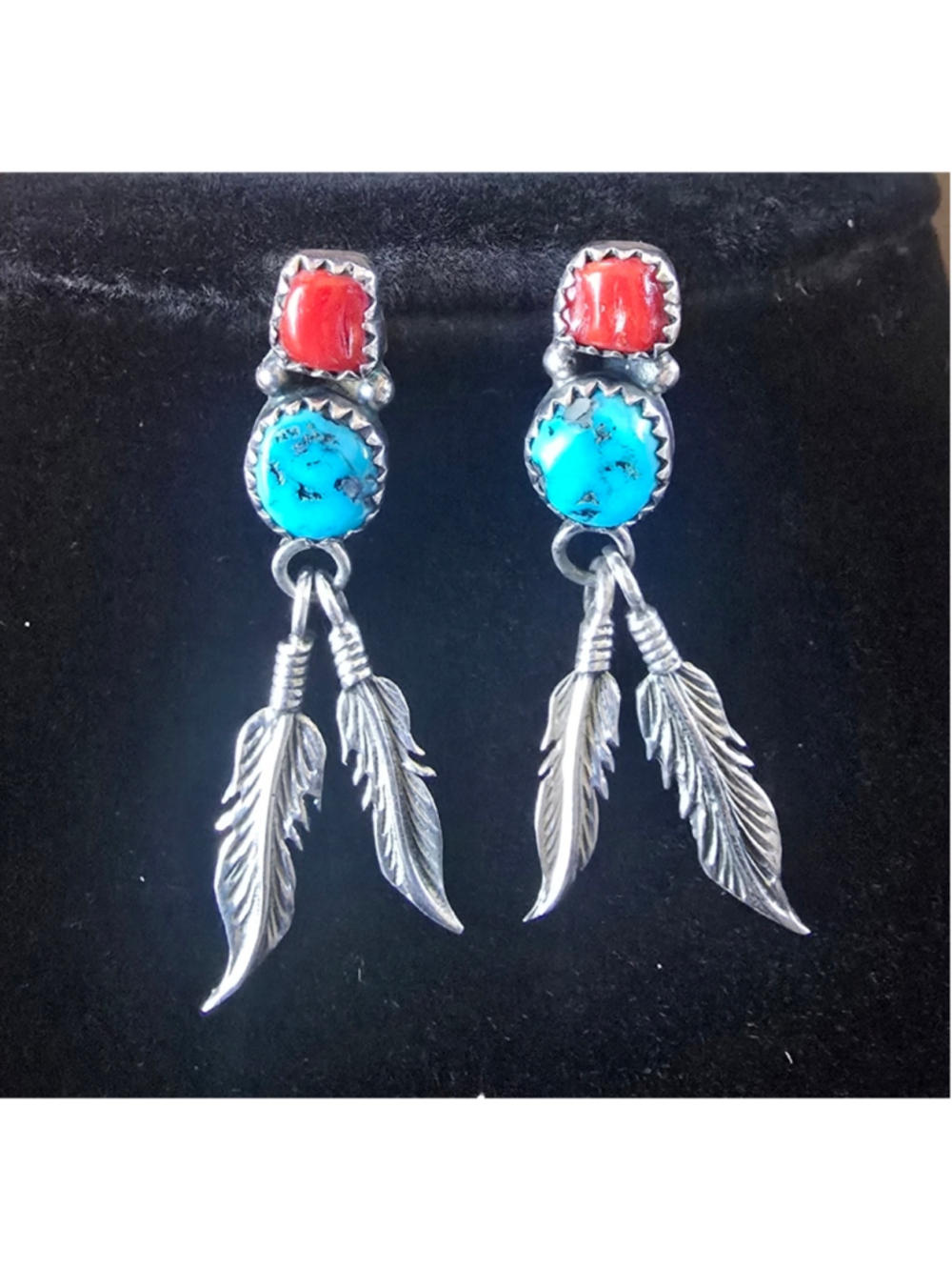 Navajo RB Sterling Silver Turquoise Coral Feather Earrings
